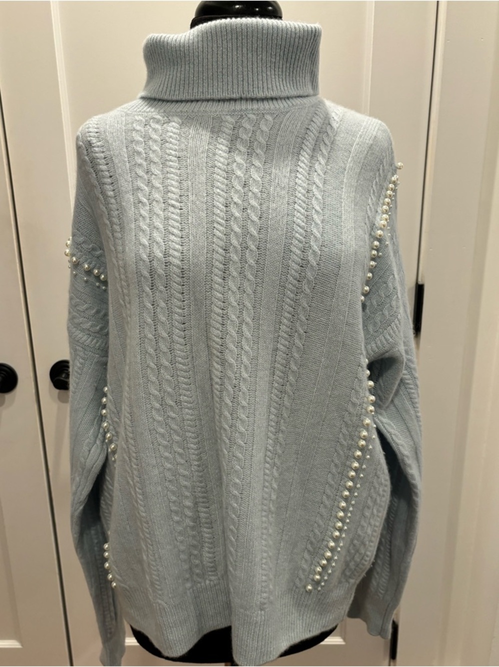 Vintage Y2K Magaschoni Cashmere Pearl Sweater Blue Cableknit Turtleneck Women XL